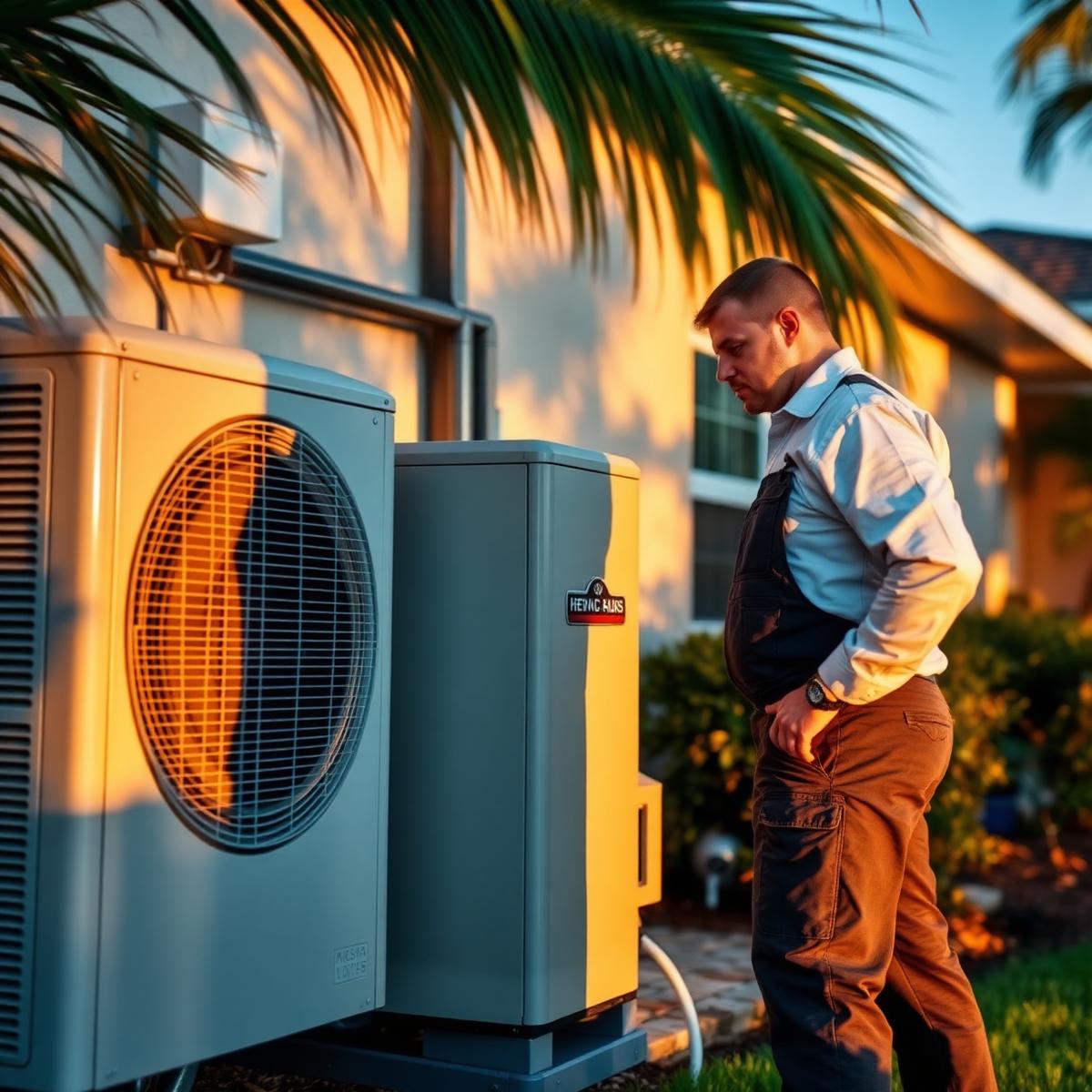 Len's HVAC technician inspecting an outdoor AC condenser at a Florida home